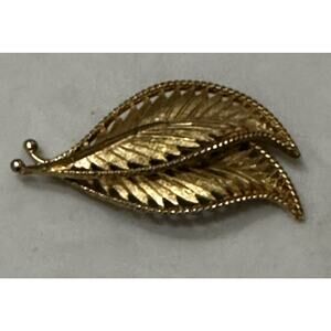 Vintage BSK Brooch Signed Gold Tone Double Leaf Mid Century Modern